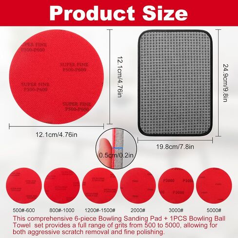 6PCS Bowling Ball Sanding Pads with 10X80'' Microfiber Bowling Ball Towel, 500-5000 Grit Bowling Sanding Pads Grit 500#-600#，800#-1000#，1200#-1500#,2000#,3000#,5000# for Ball Resurfacing in Kuwait