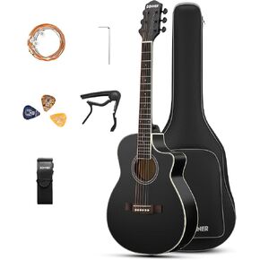 Donner Voyager Acoustic Electric Guitar Kit, JF Cutaway 3/4 Guitar with Built-in Pickup & Tuner, 3-Band EQ, Portable Travel Guitar Bundle with Gig Bag, Capo, Strap for Beginners-Matte Black in Kuwait