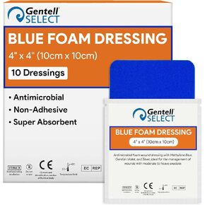 Blue Foam Dressings, 4"x4" - 10 Absorbent Foam Dressings with Antimicrobial Ingredients - Good for Moderate to Heavy Exudate Wounds - Works for Ulcers, Burns, Post-Op, Lacerations, Abrasions, and More in Kuwait