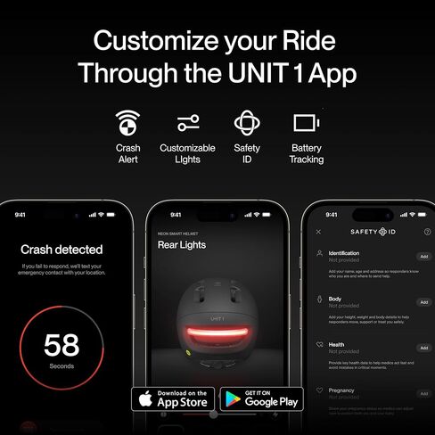 خوذة الدراجة الإلكترونية الذكية UNIT 1 NEON SE - معتمدة من NTA-8776 بسرعة 28 ميلاً في الساعة - مصباح LED خلفي مدمج مع اكتشاف التصادم SOS ومعرف الأمان الرقمي - إشارة الانعطاف وضوء الفرامل جاهزان in Kuwait