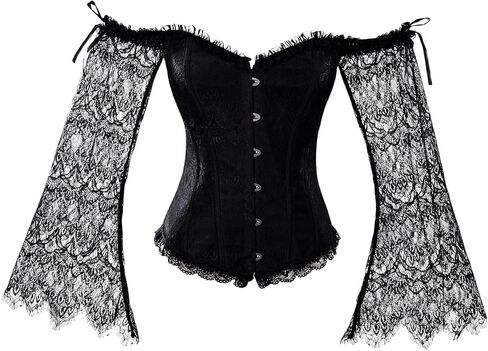 Cosfun Womens Steampunk Lace Sleeve Corset Tops Off Shoulder Corsets Bustiers Lace-up Back in Saudi Arabia