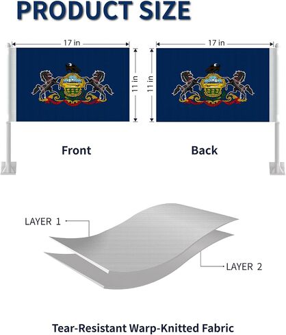 Heavy Duty 2 Pack Pennsylvania State Car Flags 11" x 17", Double Sided Small Pennsylvania State Flag for Car Window, Tear-Resistant 2-Layer Warp-Knitted Polyester with Thickened Pole & Secure Window Clip for Car Truck SUV in Kuwait