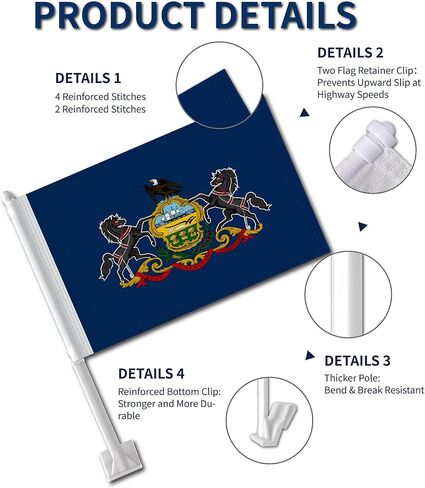 Heavy Duty 2 Pack Pennsylvania State Car Flags 11" x 17", Double Sided Small Pennsylvania State Flag for Car Window, Tear-Resistant 2-Layer Warp-Knitted Polyester with Thickened Pole & Secure Window Clip for Car Truck SUV in Kuwait