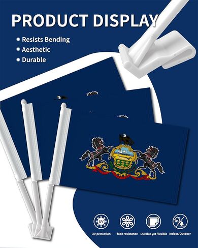 Heavy Duty 2 Pack Pennsylvania State Car Flags 11" x 17", Double Sided Small Pennsylvania State Flag for Car Window, Tear-Resistant 2-Layer Warp-Knitted Polyester with Thickened Pole & Secure Window Clip for Car Truck SUV in Kuwait