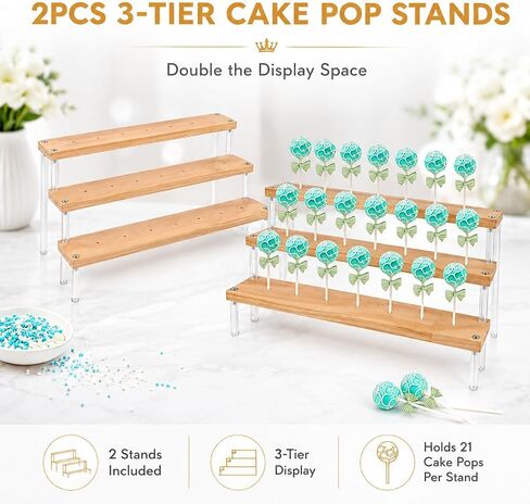 2PCS 3-Tier Wood Cake Pop Stand with Acrylic Sticks, Cupcake Dessert Display Stand Riser for Wedding Birthday Party Christmas Day in Kuwait