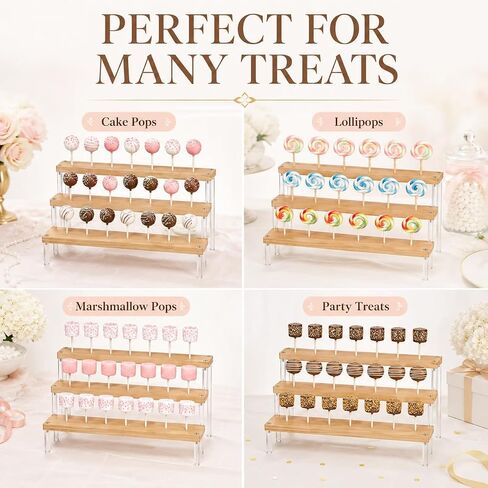 2PCS 3-Tier Wood Cake Pop Stand with Acrylic Sticks, Cupcake Dessert Display Stand Riser for Wedding Birthday Party Christmas Day in Kuwait
