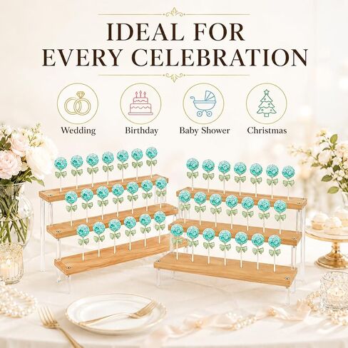 2PCS 3-Tier Wood Cake Pop Stand with Acrylic Sticks, Cupcake Dessert Display Stand Riser for Wedding Birthday Party Christmas Day in Kuwait