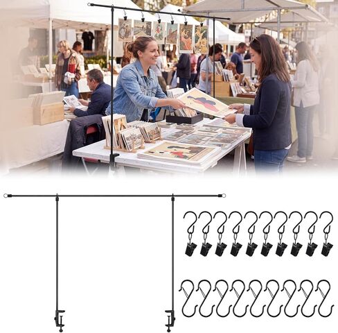 Novabright Over The Table Rod Stand with Clamps Adjustable 8.2ft Length 3.9ft Height Black Metal Table Arch Hanging Stand with 10 Clip S Hooks 10 Spring S Hooks for Vendor Booth Retail Display Party in Kuwait
