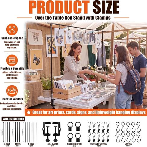 Novabright Over The Table Rod Stand with Clamps Adjustable 8.2ft Length 3.9ft Height Black Metal Table Arch Hanging Stand with 10 Clip S Hooks 10 Spring S Hooks for Vendor Booth Retail Display Party in Kuwait