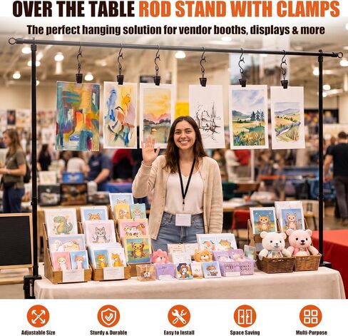 Novabright Over The Table Rod Stand with Clamps Adjustable 8.2ft Length 3.9ft Height Black Metal Table Arch Hanging Stand with 10 Clip S Hooks 10 Spring S Hooks for Vendor Booth Retail Display Party in Kuwait