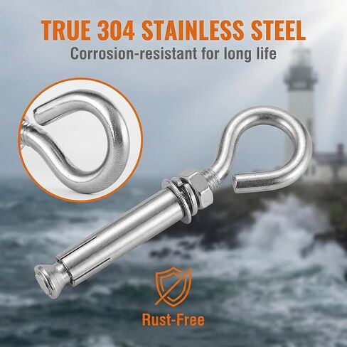 5 Pack 3/8 Inch Concrete Eyebolts, M10x115mm 304 Stainless Steel Expansion Anchors - Heavy Duty for Gym Equipment & Garage Storage in Kuwait