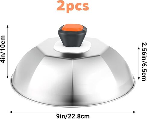 2-Pack Stainless Steel Dome Lids, 9-Inch Commercial Grade Basting & Steaming Covers with Orange Handle, Perfect for Flat Top Griddles, Burgers, and Melting Cheese in Kuwait
