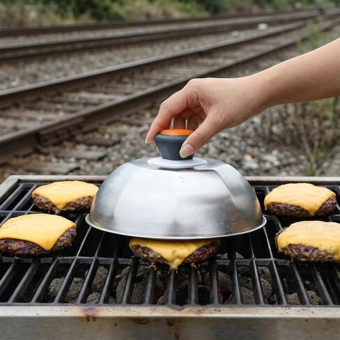 2-Pack Stainless Steel Dome Lids, 9-Inch Commercial Grade Basting & Steaming Covers with Orange Handle, Perfect for Flat Top Griddles, Burgers, and Melting Cheese in Kuwait