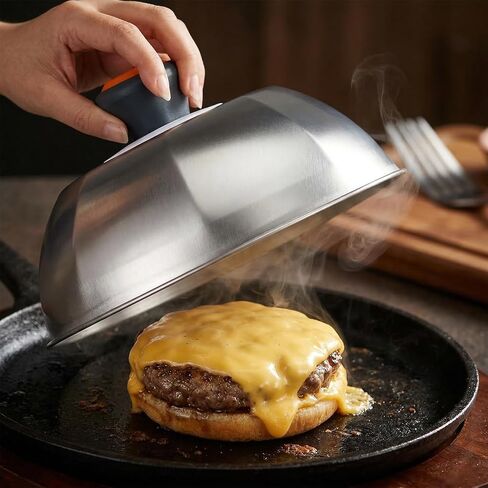 2-Pack Stainless Steel Dome Lids, 9-Inch Commercial Grade Basting & Steaming Covers with Orange Handle, Perfect for Flat Top Griddles, Burgers, and Melting Cheese in Kuwait