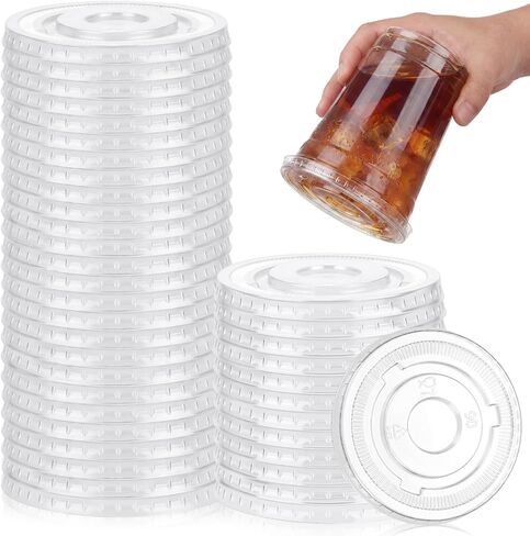 Hushee 50 Pcs Clear Flat Plastic Lids No Hole 90 mm Clear Disposable Lids Bulk for 8, 10, 12 oz Milkshake Cups for Ice Cream, Yogurt, Pudding, Cake, Fruit, Leak Resistant & Stackable in Kuwait