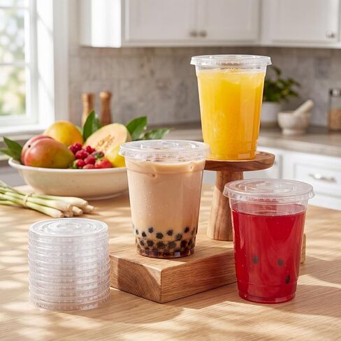 Hushee 50 Pcs Clear Flat Plastic Lids No Hole 90 mm Clear Disposable Lids Bulk for 8, 10, 12 oz Milkshake Cups for Ice Cream, Yogurt, Pudding, Cake, Fruit, Leak Resistant & Stackable in Kuwait