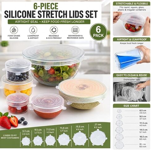 6-Pack Silicone Stretch Lids Set – Premium Reusable Leakproof Food Covers for Bowls, Cups, Jars & Containers | BPA-Free Flexible Kitchen Storage Solution in Saudi Arabia