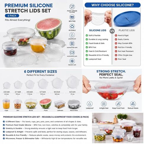 6-Pack Silicone Stretch Lids Set – Premium Reusable Leakproof Food Covers for Bowls, Cups, Jars & Containers | BPA-Free Flexible Kitchen Storage Solution in Saudi Arabia