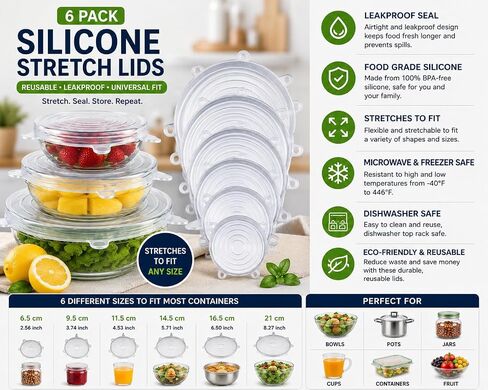 6-Pack Silicone Stretch Lids Set – Premium Reusable Leakproof Food Covers for Bowls, Cups, Jars & Containers | BPA-Free Flexible Kitchen Storage Solution in Saudi Arabia
