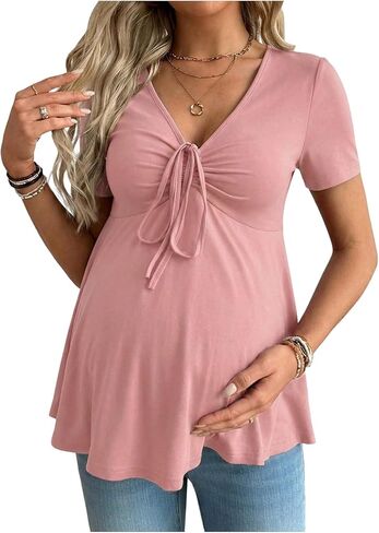 SweatyRocks Women's Maternity Clothes Short Sleeve Ruched Front Tie Ruffle Maternity Shirt in Saudi Arabia