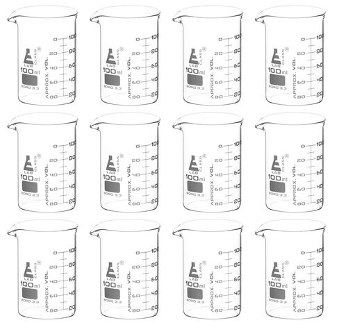 كوب EISCO (عبوة من 12 قطعة)، 100 مل - ASTM - شكل منخفض مع فوهة - مقياس مزدوج، تخرجات بيضاء - زجاج بوروسيليكات 3.3 in Kuwait