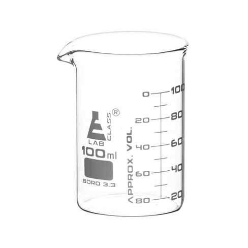 كوب EISCO (عبوة من 12 قطعة)، 100 مل - ASTM - شكل منخفض مع فوهة - مقياس مزدوج، تخرجات بيضاء - زجاج بوروسيليكات 3.3 in Kuwait