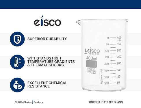 كوب EISCO (عبوة من 12 قطعة)، 100 مل - ASTM - شكل منخفض مع فوهة - مقياس مزدوج، تخرجات بيضاء - زجاج بوروسيليكات 3.3 in Kuwait