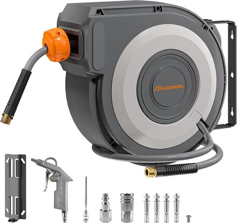 Enclosed Retractable Air Hose Reel, 3/8 Inch x 45+5 Ft Hybrid Hose Air Compressor Hose Reel in Max 300 PSI Design, 180°Swivel Bracket Quick Coupler(Black) in Kuwait