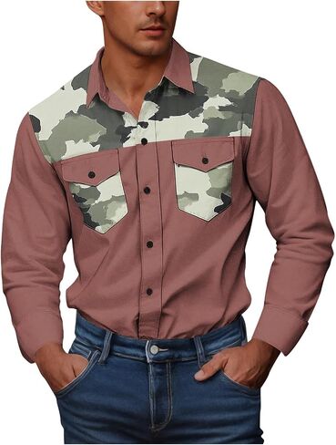 Mens Cowboy Shirts Western Long Sleeve Big and Tall Camouflage Print Work Shirt Button Down with Two Pockets Blouses in Kuwait