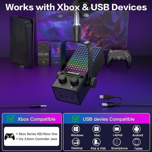 ZealSound Gaming Microphone for Xbox with Boom Arm, USB Microphone for PC Mac iPhone & Android, Noise Reduction, One-Tap Mute, Gain Control, Zero-Latency Monitoring for Gaming, Streaming, Podcasting in Kuwait
