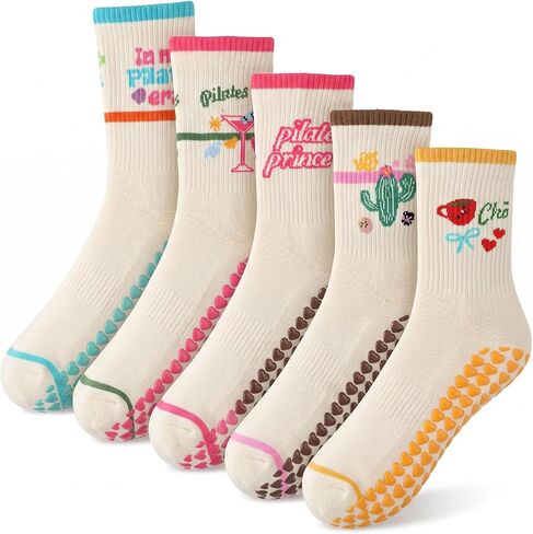 5 Pairs Women Pilates Grippy Socks Crew Half Calf Yoga Socks for Pilates Fitness Workout Hospital in Saudi Arabia