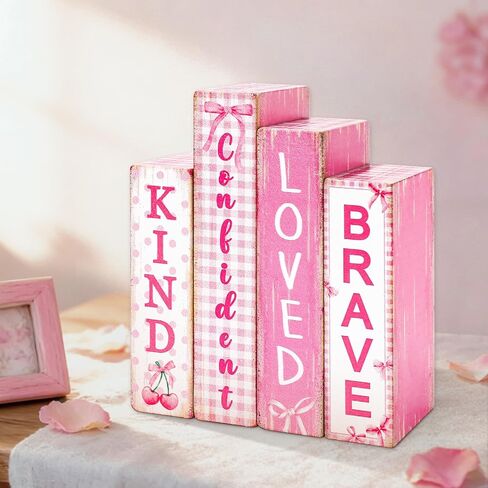 FYSUIMU 4Pcs Pink Bow Table Block Signs Wooden Book Sign Inspirational Table Centerpiece Sign for Farmhouse Home Room Party Shelf Decor in Saudi Arabia