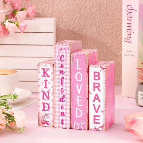 FYSUIMU 4Pcs Pink Bow Table Block Signs Wooden Book Sign Inspirational Table Centerpiece Sign for Farmhouse Home Room Party Shelf Decor in Saudi Arabia