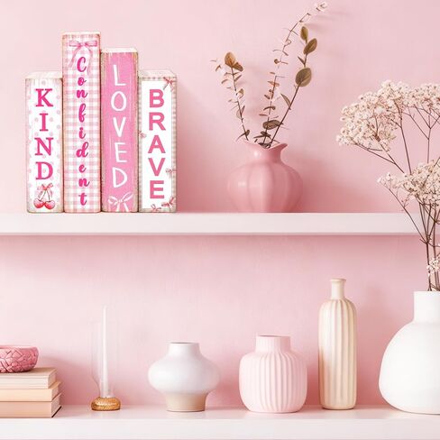 FYSUIMU 4Pcs Pink Bow Table Block Signs Wooden Book Sign Inspirational Table Centerpiece Sign for Farmhouse Home Room Party Shelf Decor in Saudi Arabia