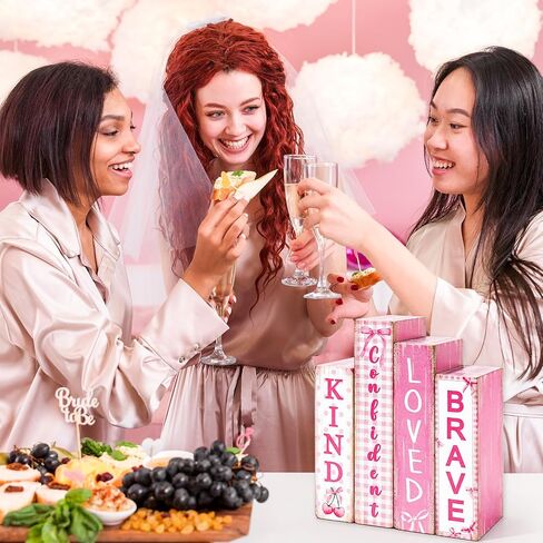 FYSUIMU 4Pcs Pink Bow Table Block Signs Wooden Book Sign Inspirational Table Centerpiece Sign for Farmhouse Home Room Party Shelf Decor in Saudi Arabia