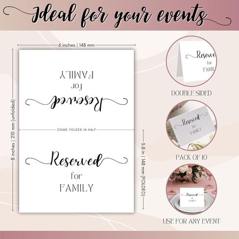 Reserved for Family Table Setting Cards – Pack of 10 Double-Sided Cards – 6"x5.8" Folded – Elegant, Versatile Design for Weddings, Receptions, Banquets, Events & Parties – Reserve Seating Table Signs in Saudi Arabia