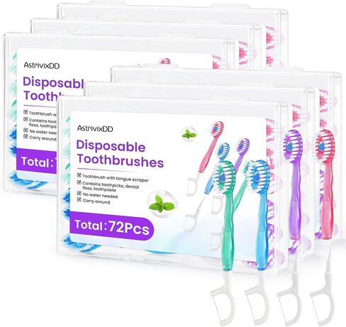 48 فرشاة أسنان صغيرة 5 في 1 للاستعمال مرة واحدة، فرشاة أسنان للاستعمال مرة واحدة بدون ماء مع معجون أسنان، خيط تنظيف الأسنان، مكشطة اللسان، مسواك، فرشاة أسنان مسبقة اللصق للسفر والفنادق in Kuwait