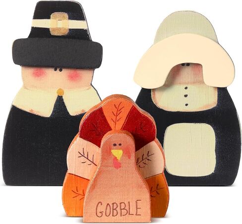 Colingmill 3 Pcs Fall Thanksgiving Wooden Turkey Pilgrim Decorations Fall Vintage Farmhouse Turkey Pilgrim Couple Table Decor for Autumn Harvest Indoor Home Decor in Saudi Arabia