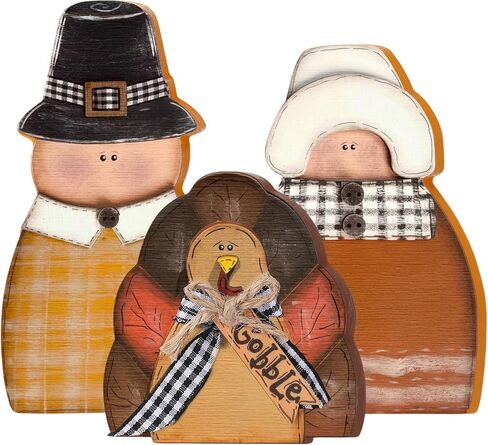 Colingmill 3 Pcs Fall Thanksgiving Wooden Turkey Pilgrim Decorations Fall Vintage Farmhouse Turkey Pilgrim Couple Table Decor for Autumn Harvest Indoor Home Decor in Saudi Arabia