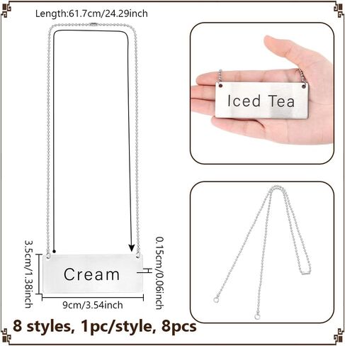UNICRAFTALE 8pcs Stainless Steel Drink Tag Beverage Table Display Hanging Chain Sign Beverages Charm with 24.29 Inch Chain Rectangle Beverage Identifier for Coffee Pot Tea Dispenser Lemonade Bar in Saudi Arabia