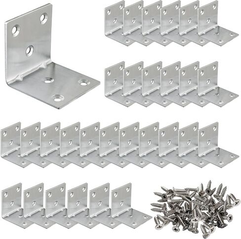 30 Pack Metal Angle Brackets, 2" x 2" Silver Heavy Duty Stainless Steel Corner Brace, L Shaped Shelf Bracket 90 Degree Corner Bracket for Wood Furniture Cabinets Shelves in Saudi Arabia