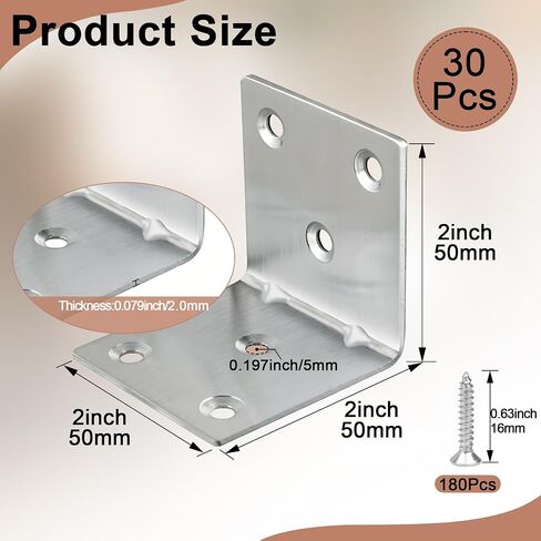 30 Pack Metal Angle Brackets, 2" x 2" Silver Heavy Duty Stainless Steel Corner Brace, L Shaped Shelf Bracket 90 Degree Corner Bracket for Wood Furniture Cabinets Shelves in Saudi Arabia