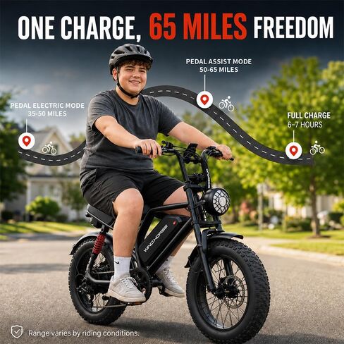 WINDHORSE 1255W Peak Electric Bike for Teens,16 * 4''Fat Tire,20–28 MPH, 65 Mile Range,48V 748.8Wh Removable Battery,Full Suspension Mountain Ebike with Throttle-Synced Engine Sound for All-Terrain in Saudi Arabia