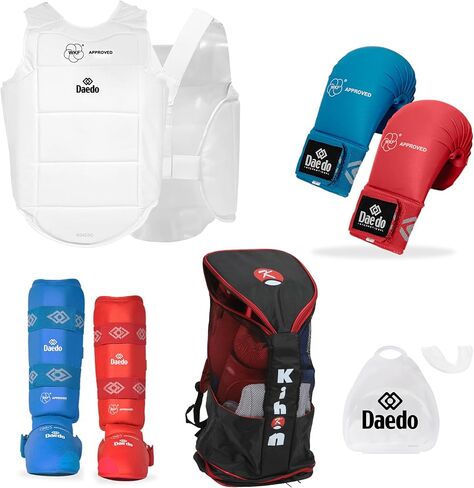 مجموعة حماية الكاراتيه من DAEDO معتمدة من WKF مع قفازات وواقي للصدر وواقي للساق وحقيبة حماية للفم in Kuwait