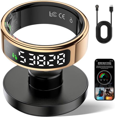 Smart Ring Fitness Tracker for Men Women - Ring with Touchscreen Display for Activity, Sleep & Heart Rate Tracking, Step Counter, Remote Phone Control, IP68 Water Resistant, 7-Day Battery (Gold, 10) in Kuwait