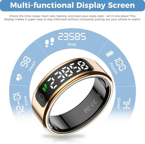 Smart Ring Fitness Tracker for Men Women - Ring with Touchscreen Display for Activity, Sleep & Heart Rate Tracking, Step Counter, Remote Phone Control, IP68 Water Resistant, 7-Day Battery (Gold, 10) in Kuwait