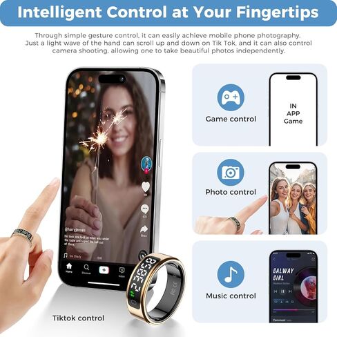 Smart Ring Fitness Tracker for Men Women - Ring with Touchscreen Display for Activity, Sleep & Heart Rate Tracking, Step Counter, Remote Phone Control, IP68 Water Resistant, 7-Day Battery (Gold, 10) in Kuwait