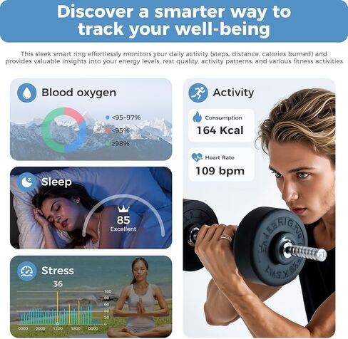 Smart Ring Fitness Tracker for Men Women - Ring with Touchscreen Display for Activity, Sleep & Heart Rate Tracking, Step Counter, Remote Phone Control, IP68 Water Resistant, 7-Day Battery (Gold, 10) in Kuwait