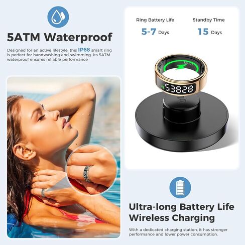 Smart Ring Fitness Tracker for Men Women - Ring with Touchscreen Display for Activity, Sleep & Heart Rate Tracking, Step Counter, Remote Phone Control, IP68 Water Resistant, 7-Day Battery (Gold, 10) in Kuwait