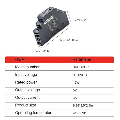 محول DDR-15G-5 15W DIN Rail DC-DC، 9-36VDC إلى 5V، 3A، فائق النحافة، موثوق به للتحكم الصناعي، والأتمتة، والاتصالات، ومعتمد من CE in Kuwait